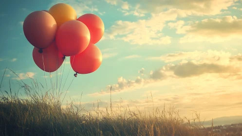 Red Balloons Float Above Golden Grassland At Sunset