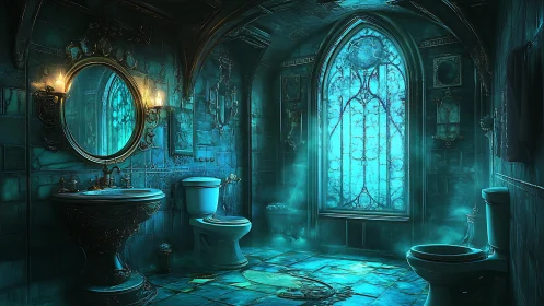 Gothic bathroom interior with stained glass window lighting.