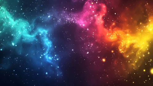Multicolor nebula clouds swirl through star dense cosmos.