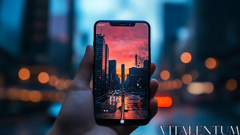 Smartphone framing urban sunset over wet city street.
