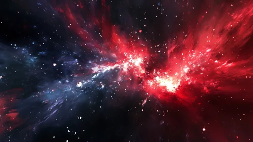 Stellar nebula explosion spans deep space with red energy