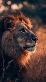Regal lion gazes through warm sunset grasslands in silence.