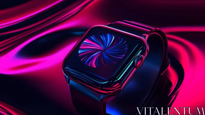 Futuristic smartwatch with neon swirl display in vibrant digital art.