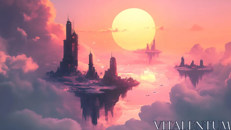Floating high-rise islands under large pale sun at dusk.