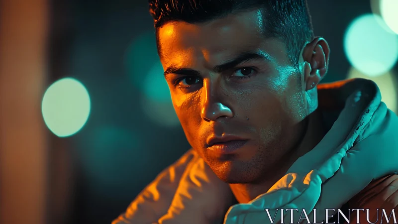 Serious man in padded jacket under teal and orange light.