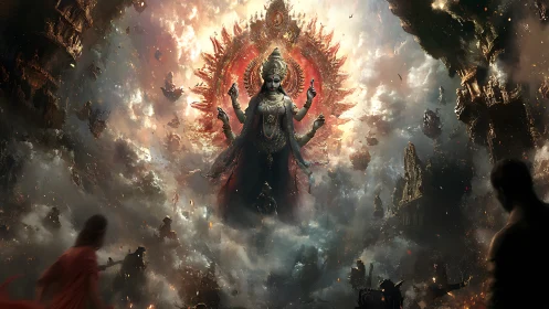 Multi-armed deity amid collapsing sky temples in clouds.