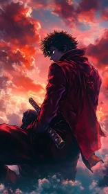 Blade-wielding anime warrior under blazing sunset sky.