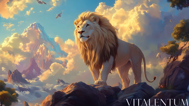 Male lion stands on rocky outcrop against illuminated clouds