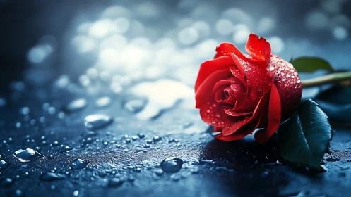 Luminous red rose resting on wet reflective surface at night.