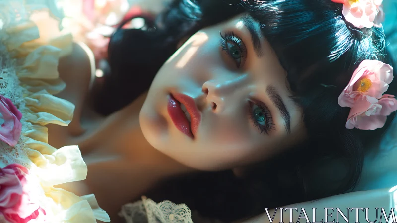 Digital portrait of woman with flowers in soft daylight.