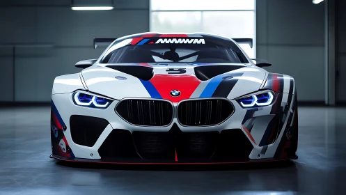 Track-bred BMW racer stares ahead with neon fury and poise.