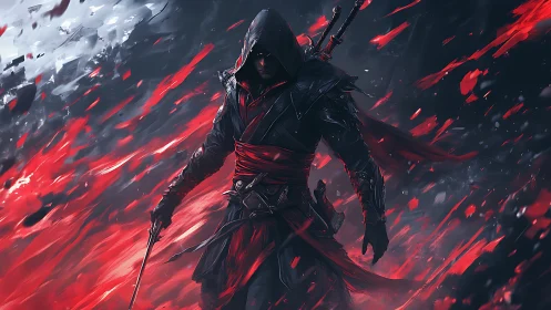 Hooded rogue warrior in swirling red and black storm.