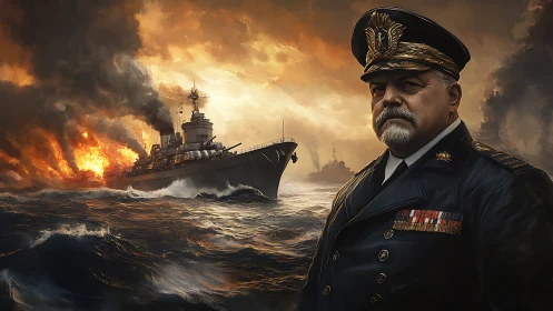 Navy admiral surveys burning battleships during sea assault