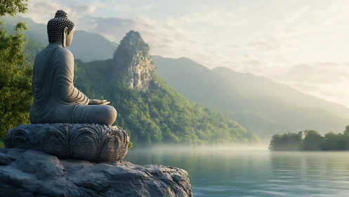 Stone Buddha statue overlooks tranquil misty mountain lake