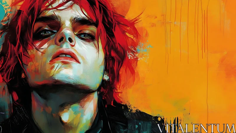 Intense red‑haired portrait against vivid orange wall.