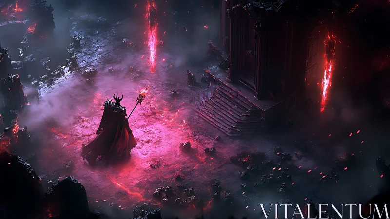 Dark sorcerer commands a hellish gateway of crimson fire.