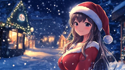 Smiling anime girl in Santa outfit on snowy winter street.