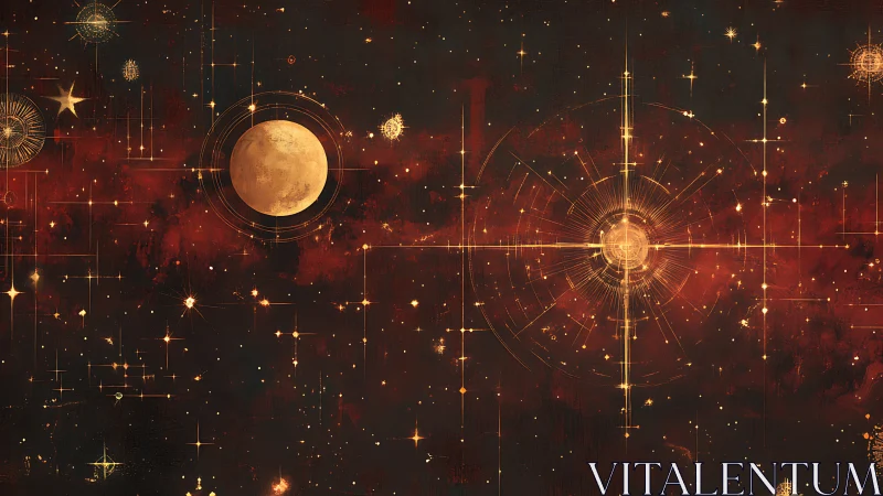 Celestial map overlays golden constellations on crimson void