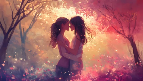 Two figures embrace amid luminous particles in stylized autumn forest