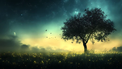 Lone tree overlooks glowing meadow under starry twilight sky
