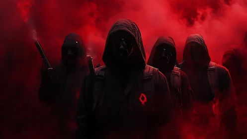 Photorealistic hooded squad in crimson atmospheric haze.