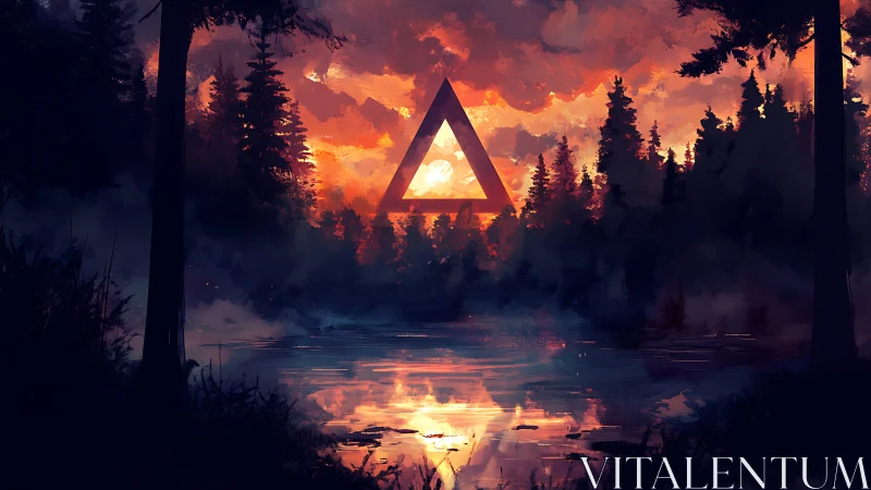 Geometric triangle hovering above blazing forest lake at dusk.