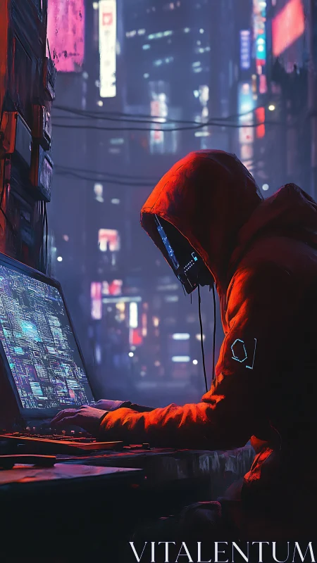 Hooded cybercity coder quietly works under neon night lights