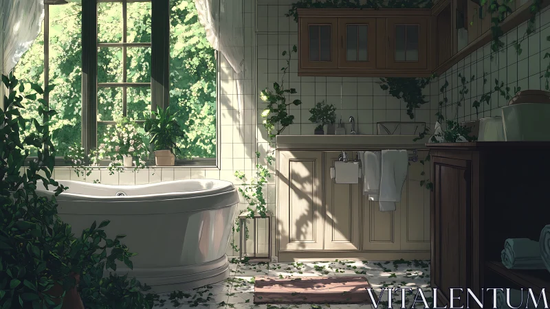 Sunlit tiled bathroom integrates indoor foliage and soft shadows