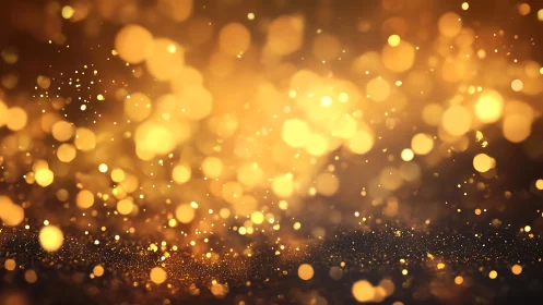 Golden glitter bokeh background with glowing light particles.