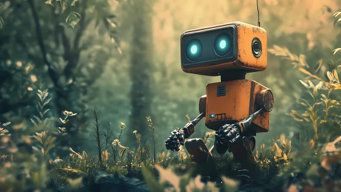 Rusty orange forest robot watches glowing morning light.