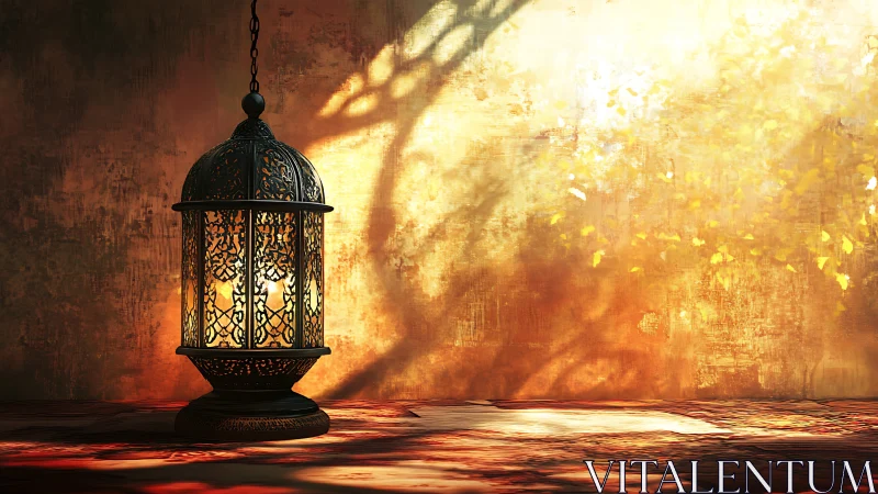 Metal lantern glows against warm textured golden wall.