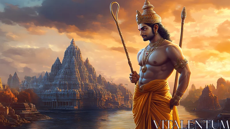 Hindu warrior stands before monumental riverside temple complex