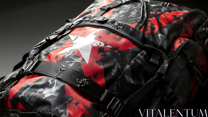 Rugged duffel bag with red camo print and white star logo.