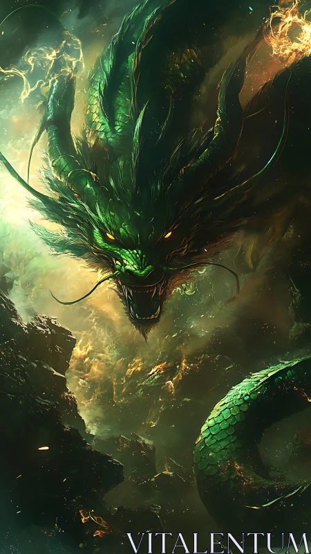 Bioluminescent emerald dragon amid volcanic cosmic storm