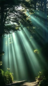 Sunlit forest path pierced by radiant morning beams.