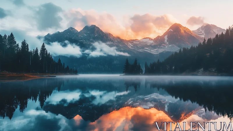 Quiet sunrise over misty mountain lake calms the senses