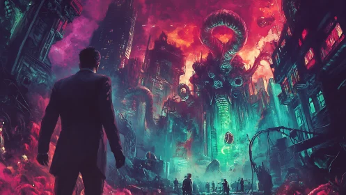 Figure observes biomorphic structure dominating neon cityscape