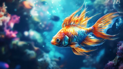 Vivid goldfish in luminous reef environment, digital painting.
