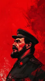 Digital painting profile of bearded military leader on red field.