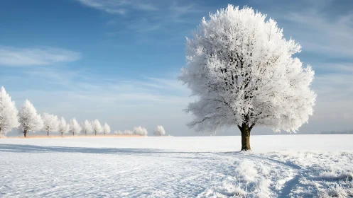 Frost covered tree standing alone in open snowy field.