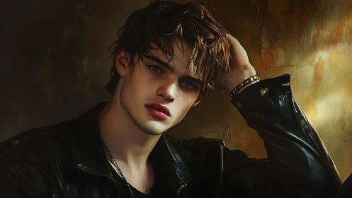 Brooding young man in leather jacket against gold wall.