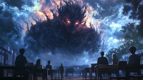Colossal fiery cloud demon looms above students in outdoor classroom