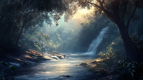 Luminescent Forest Stream with Volumetric Light Cascades.