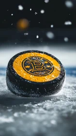 Photorealistic close-up of branded hockey puck in motion.
