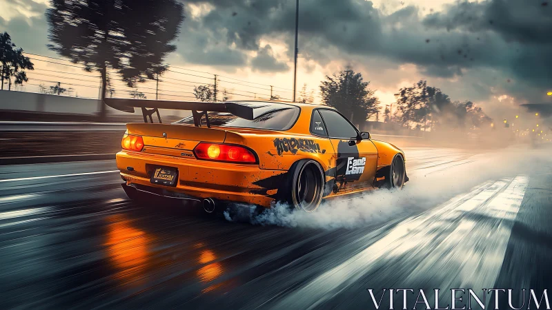 Turbo drift car tears through wet neon city street.