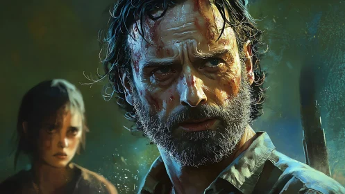 Wounded bearded survivor stares ahead in tense close-up.