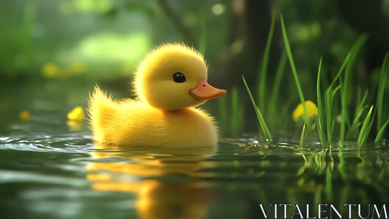 Fluffy yellow duckling floating on calm pond water.