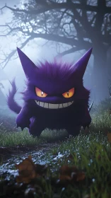 Mischievous purple ghost strolls through a foggy moonlit forest.