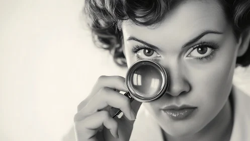 Woman with Magnifying Glass in Retro Black and White Style Portrait.