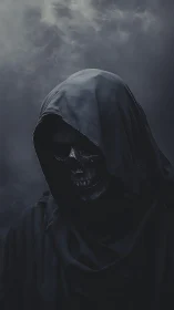 Hooded skeletal figure in dark cloak against smoky background.